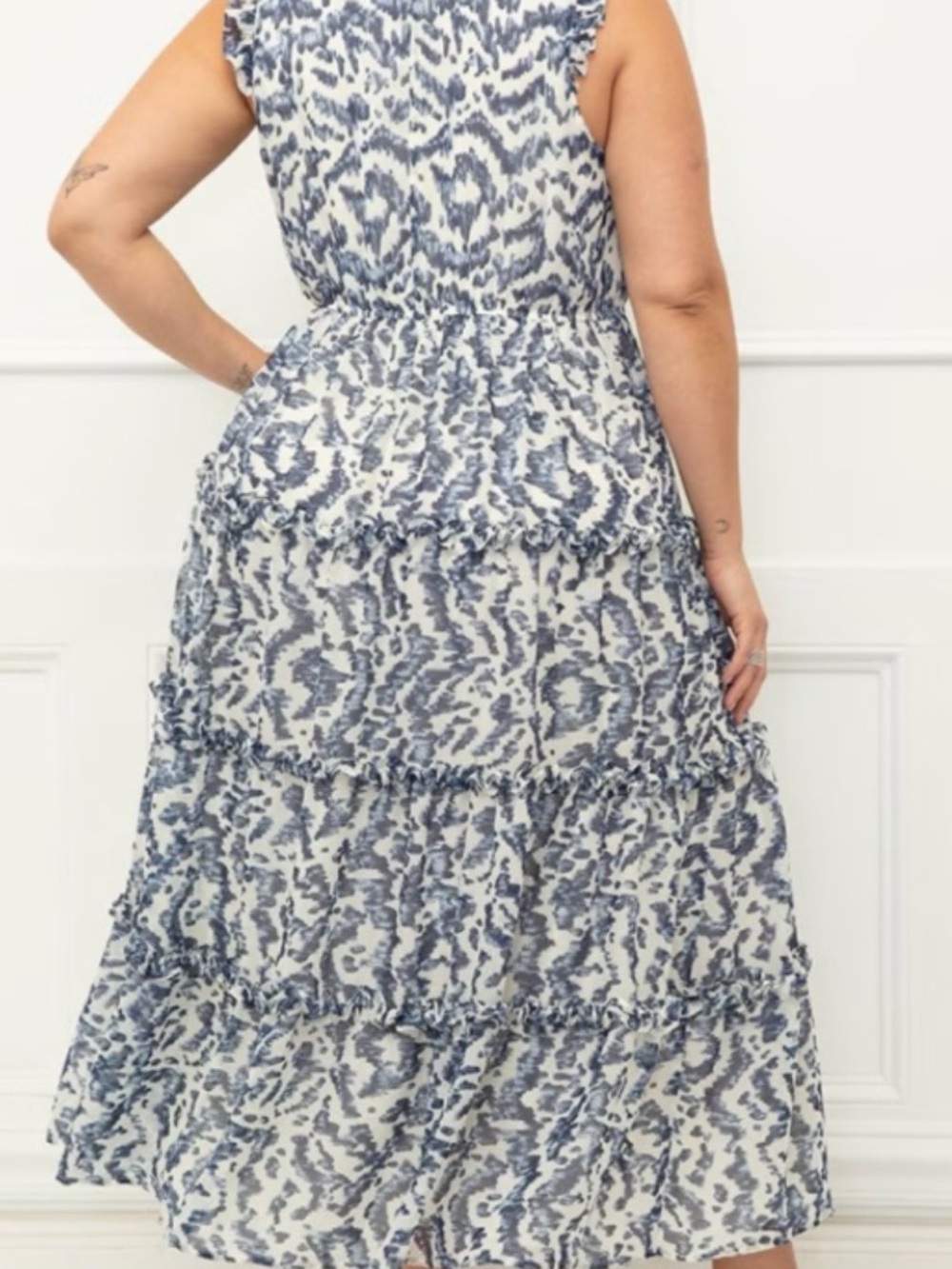 ELOQUII Elements Sleeveless Ruffle Trimmed ANIMAL IKAT BLUE Size 18 - Picture 5 of 13